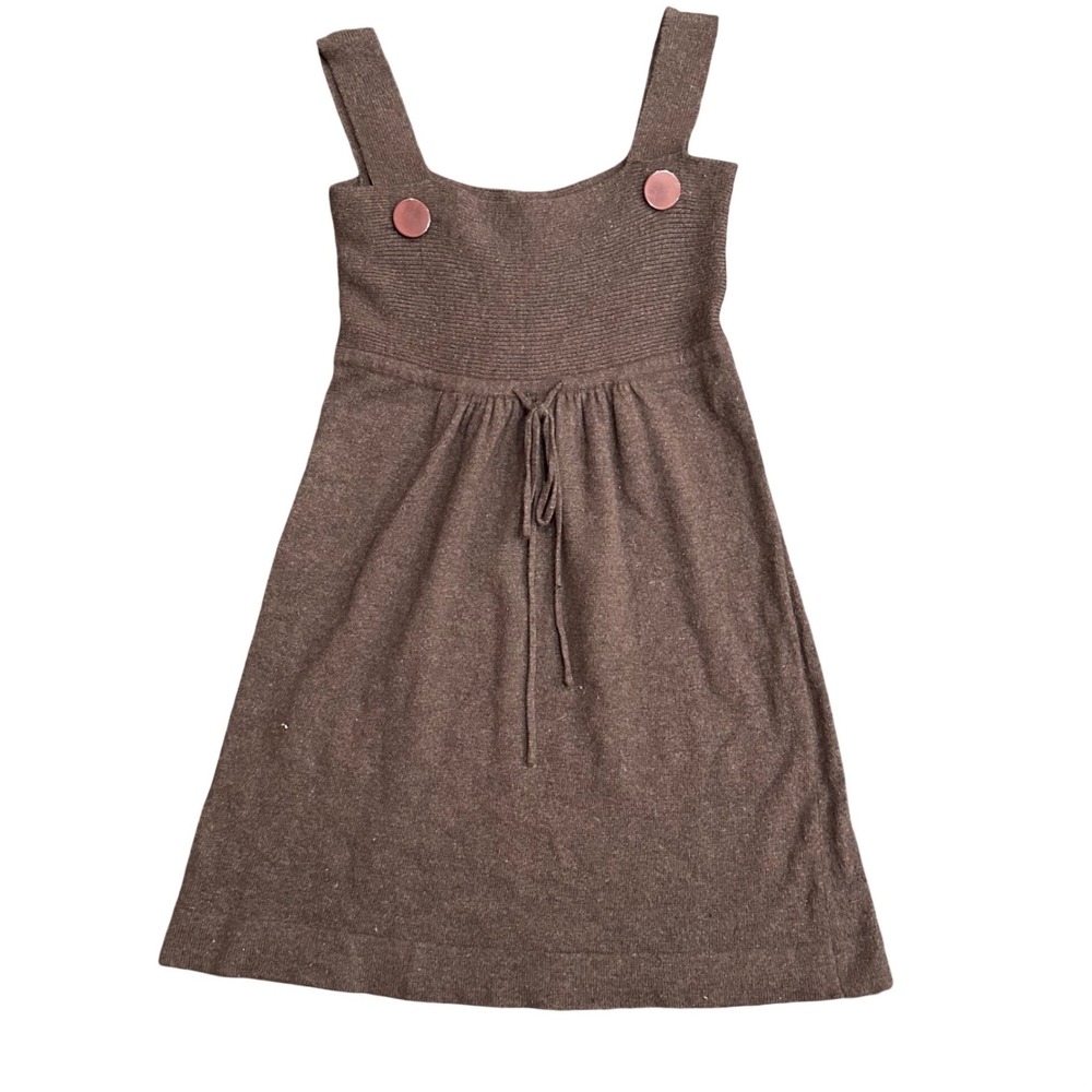 Brown Wool Angora Blend Knit Pinafore Dress Ribbed Waist Button